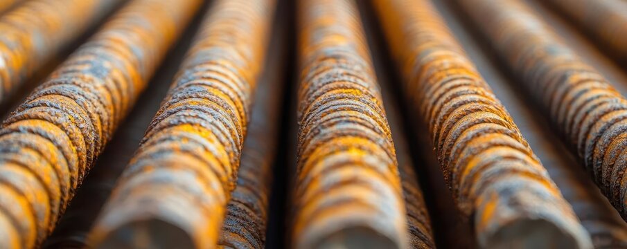 Rusty steel rebar in a close-up view with a rough, textured surface, strong industrial feel, steel rebar, construction material, Close-up of Steel Rebar