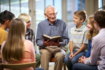 Fototapeta na wymiar Realistic view of an elderly man sharing his faith story with a youth group high-definition clarity