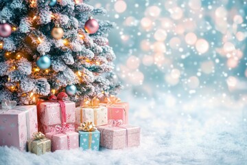 Snowy Christmas Tree with Gifts Underneath