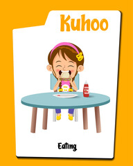 Happy girl enjoy eating food on table. Eating at the dinner table. Cute girl happily eating food. Clipart, graphic, illustration.