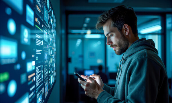 young man engaging with interactive digital data wall showing graphs and icons in high-tech office space at night. Using smartphone to control digital display