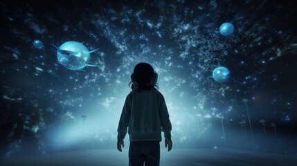A child immersed in a virtual reality adventure, illustrated by a starry digital universe, inspiring wonder.