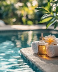 Spa massage mockup with aromatherapy oils. spa background by the pool in the hotel. copy space