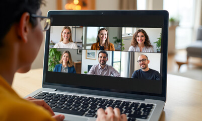 male professional engaging in video conference with colleagues, online team meeting displayed on computer screen, virtual group discussion in home office setting