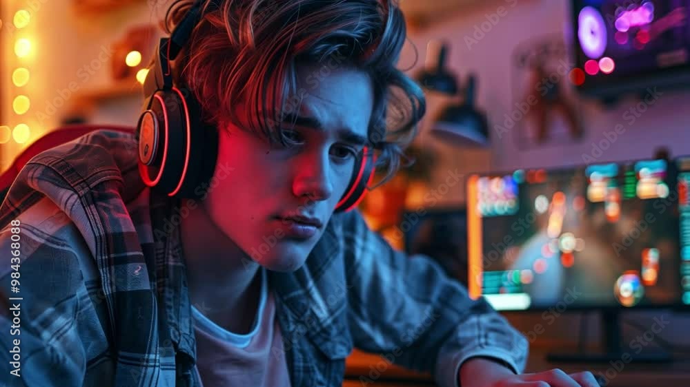 Poster a teenager immerses himself in gaming at his desk, illuminated by colorful lights and multiple monit