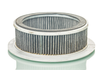 Automotive Concepts. Closeup View of Used Dirty Vehicle Engine Round Air Filter Isolated Over White Background