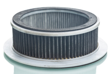 Technology Automotive Concepts. Closeup View of Used Dirty Vehicle Engine Round Air Filter Isolated Over White Background