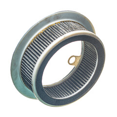 Technology Concepts and Ideas. Closeup View of Used Dirty Vehicle Engine Round Air Filter Isolated Over White Background