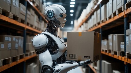 Fototapeta premium Humanoid robot working in a futuristic warehouse carrying boxes