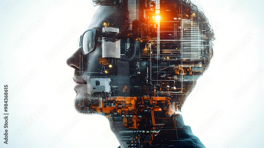 Poster a man's head is shown in a distorted way, with a cityscape in the background. scene is somewhat eeri