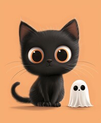 Cute Black Cat with Ghost Cartoon Character