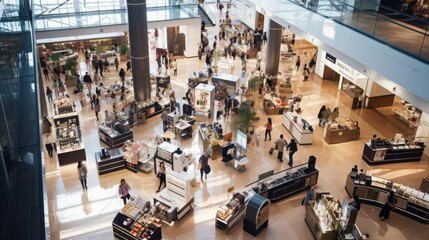 Obraz premium A bustling cosmetics and beauty section in a modern mall, filled with shoppers exploring diverse products under chic, bright lighting and stylish displays.