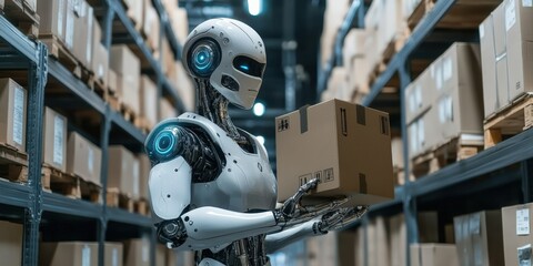 Humanoid robot working in a futuristic warehouse carrying boxes