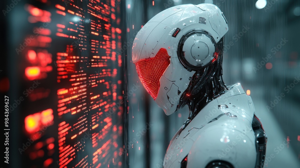 Poster illustration of a virtual robot in a stock trading area controlled by a robot under modern technolog