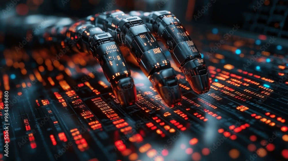 Poster illustration of a virtual robot in a stock trading area controlled by a robot under modern technolog