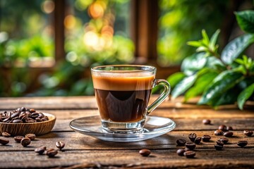 Refreshing espresso in clear glass cup with scattered beans on wooden surface