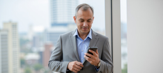 Fototapeta premium Middle-aged entrepreneur engaging with mobile phone in urban setting, dressed in business casual, exemplifying modern professional life and connectivity, no face shown for privacy