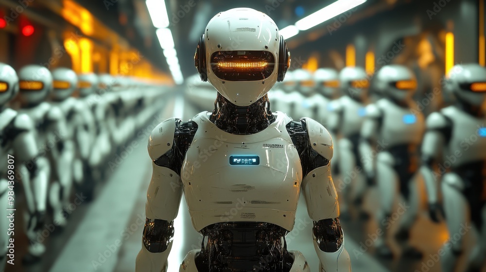 Poster illustration of a virtual robot in a stock trading area controlled by a robot under modern technolog