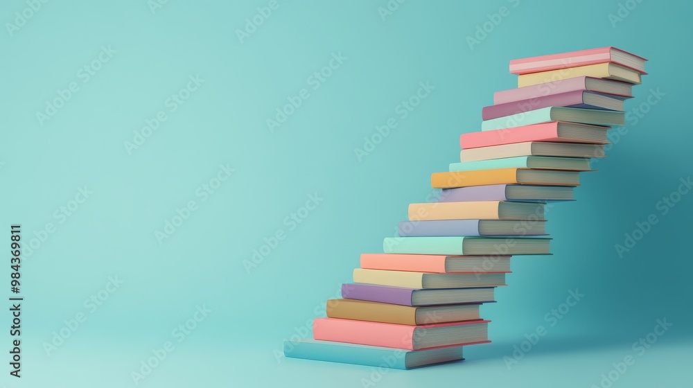 Poster a vibrant stack of colorful books arranged in a curve against a soothing blue backdrop symbolizes dy