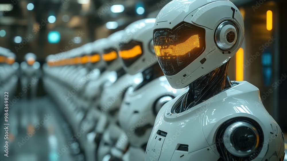 Poster illustration of a virtual robot in a stock trading area controlled by a robot under modern technolog