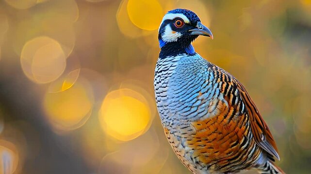 A male Gambel's quail foraging in the desert landscape during golden hour