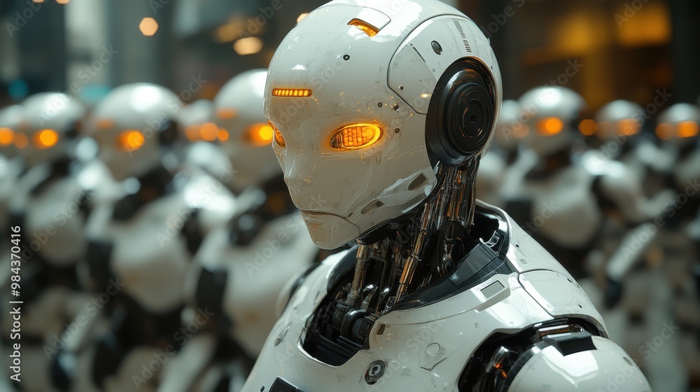 Poster illustration of a virtual robot in a stock trading area controlled by a robot under modern technolog