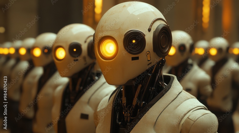 Poster illustration of a virtual robot in a stock trading area controlled by a robot under modern technolog