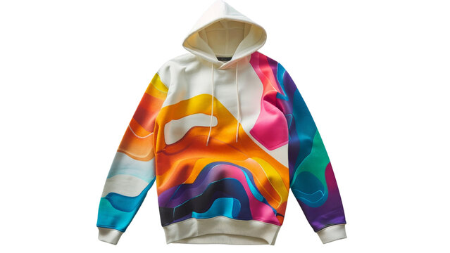 Hooded sweatshirt with a full-color design on the front and back, displayed on a white background, presented on a mock-up fabric surface