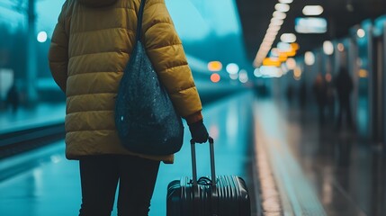 A person in a yellow jacket stands on a train platform, holding luggage and a bag, waiting for a train in the early morning.