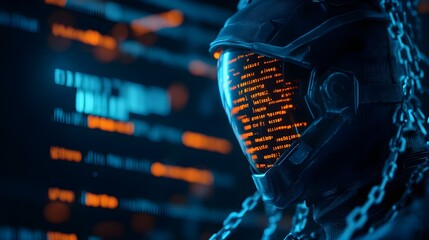 AI robot in a cold, sterile prison, entangled in chains of digital text and legal codes, with a holographic judge delivering a sentence, steampunk, high contrast, blue and orange tones