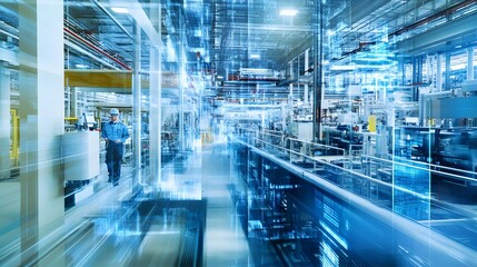 A factory with a man standing in the foreground. The image is blurry and has a futuristic feel to it