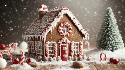Naklejka premium A gingerbread house decorated with icing candy canes and gumdrops surrounded by snow