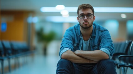 A sad man in a hospital waiting room, sitting in silence, anxiously waiting for news, filled with uncertainty
