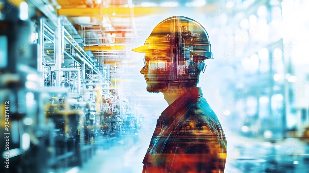 Aufkleber two men are standing in a factory, looking at a computer screen. the image has a futuristic and indu