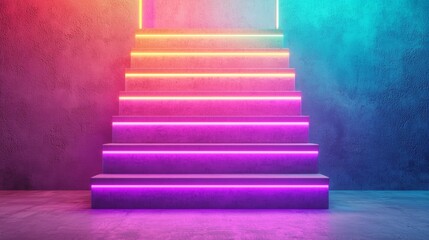 Obraz premium A staircase made of light, each step glowing a different color, leading into an endless void, representing personal growth, ambition, and the unknown.