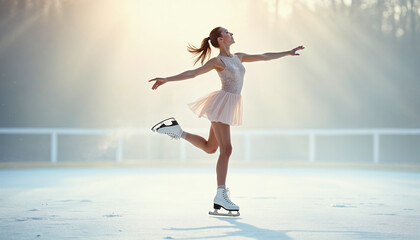 Fototapeta premium A female ice skater performs an elegant spin on a pristine rink with a bright background.