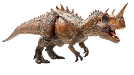 Fototapeta premium Isolated Carnotaurus figure with a white background, emphasizing its menacing appearance, horns, and detailed skin textures