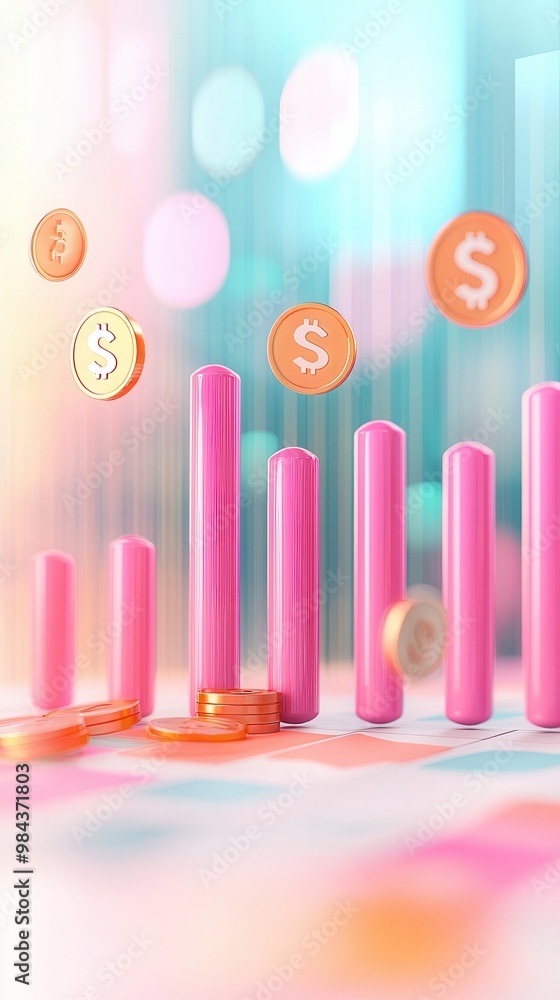 Wall mural 3D Pink Bars and Dollar Coins.