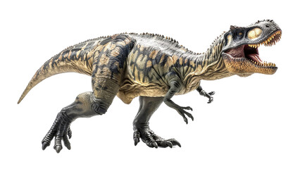 Isolated Giganotosaurus dinosaur figure on a white backdrop, emphasizing its intimidating stance, powerful build, and aggressive appearance