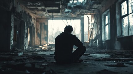A sad man sitting in an abandoned building, surrounded by decay and emptiness, lost in his thoughts