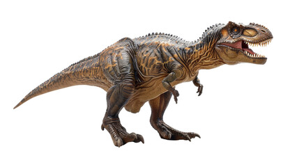 Obraz premium Isolated Giganotosaurus dinosaur figure on a white backdrop, emphasizing its intimidating stance, powerful build, and aggressive appearance