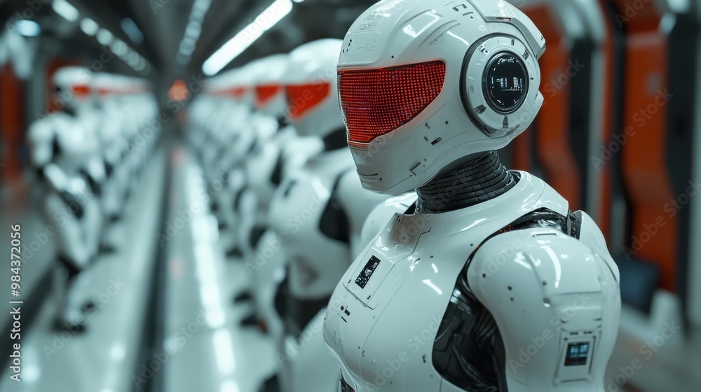 Poster illustration of a virtual robot in a stock trading area controlled by a robot under modern technolog