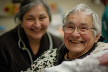 Senior patient and nurse in medical center image.