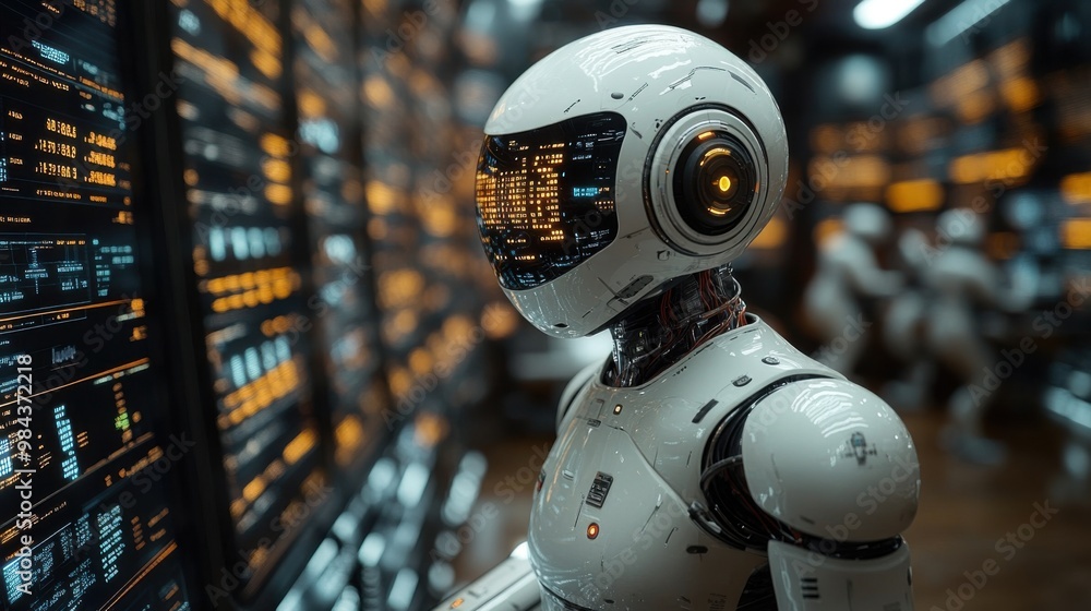 Poster illustration of a virtual robot in a stock trading area controlled by a robot under modern technolog