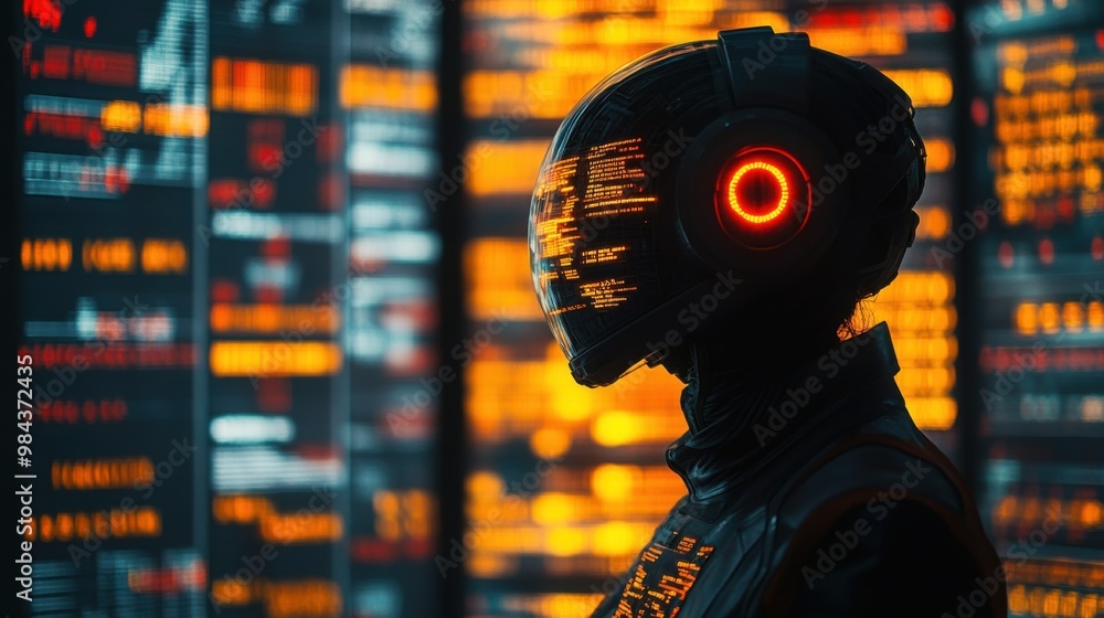 Poster illustration of a virtual robot in a stock trading area controlled by a robot under modern technolog