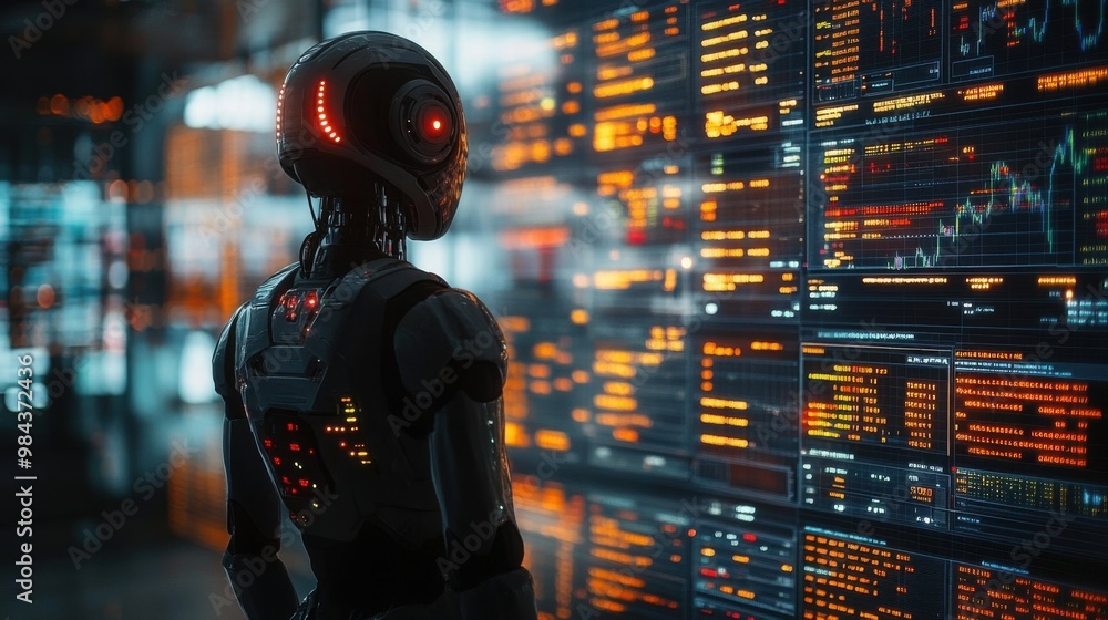 Poster illustration of a virtual robot in a stock trading area controlled by a robot under modern technolog