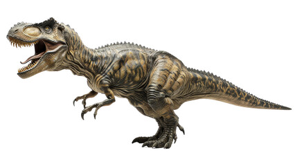 Obraz premium Isolated image of Carcharodontosaurus against a white background, focusing on its imposing structure, detailed anatomy, and fierce appearance