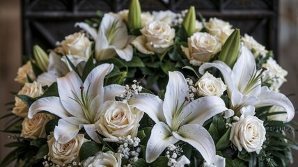 Close-up of funeral flower wreath with white lilies and roses as a tribute and memorial