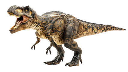 Fototapeta premium Isolated image of Carcharodontosaurus against a white background, focusing on its imposing structure, detailed anatomy, and fierce appearance