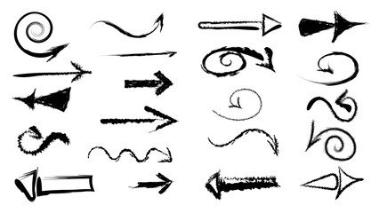 Set of arrows. Marker Brush, arrows, pointers, artistic lines and strokes. Collection of icons  Hand drawn Doodle sketch. Abstract Chaotic grunge Elements.